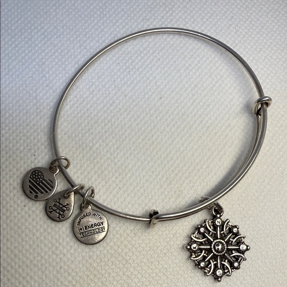Alex and Ani Charm Bangle Silver Tone  2017 Signed Flag and Compass Charms